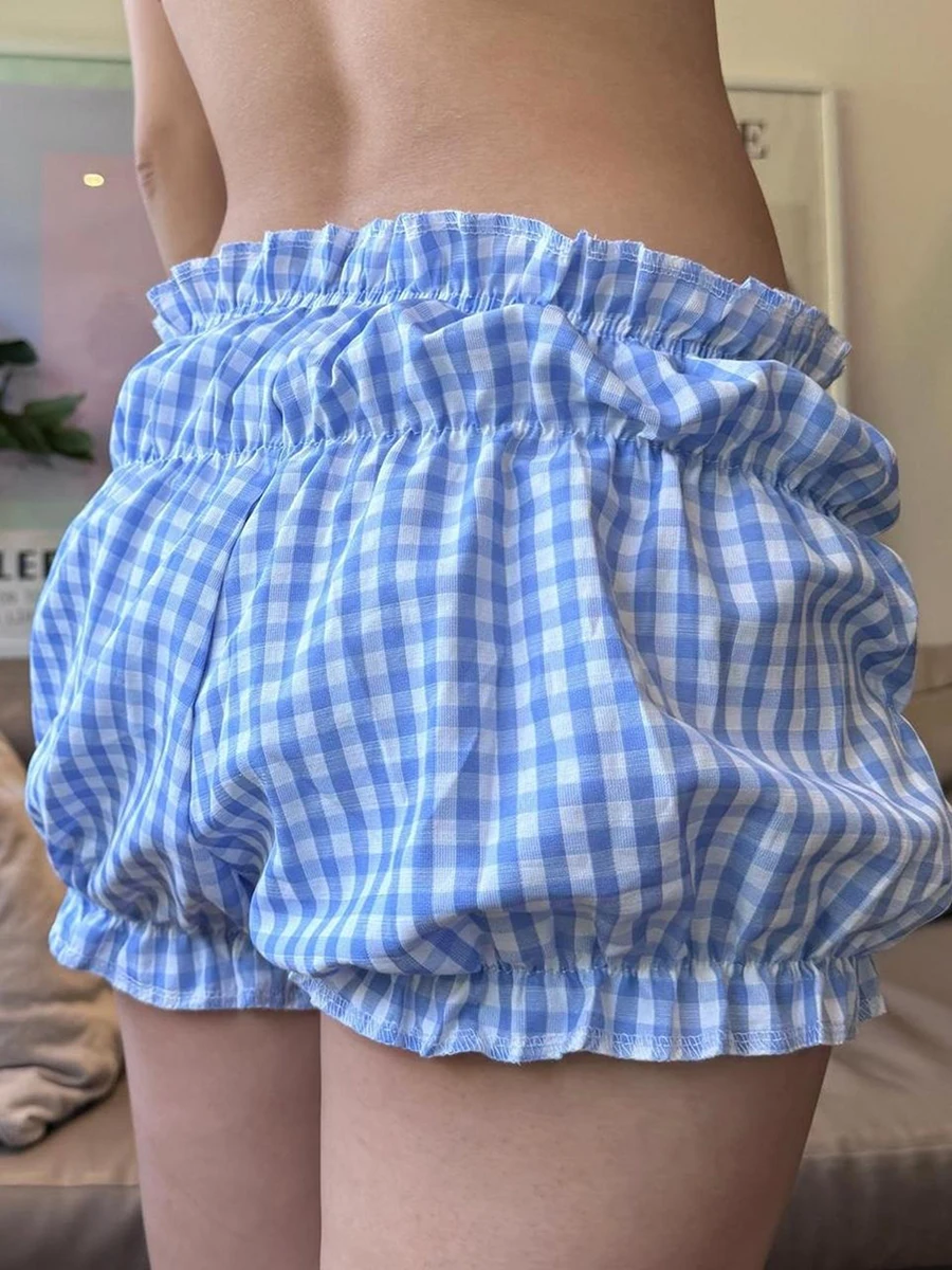 Bloomers femininos com estampa xadrez elástica cintura baixa franzida lounge shorts Lolita pijama bottoms