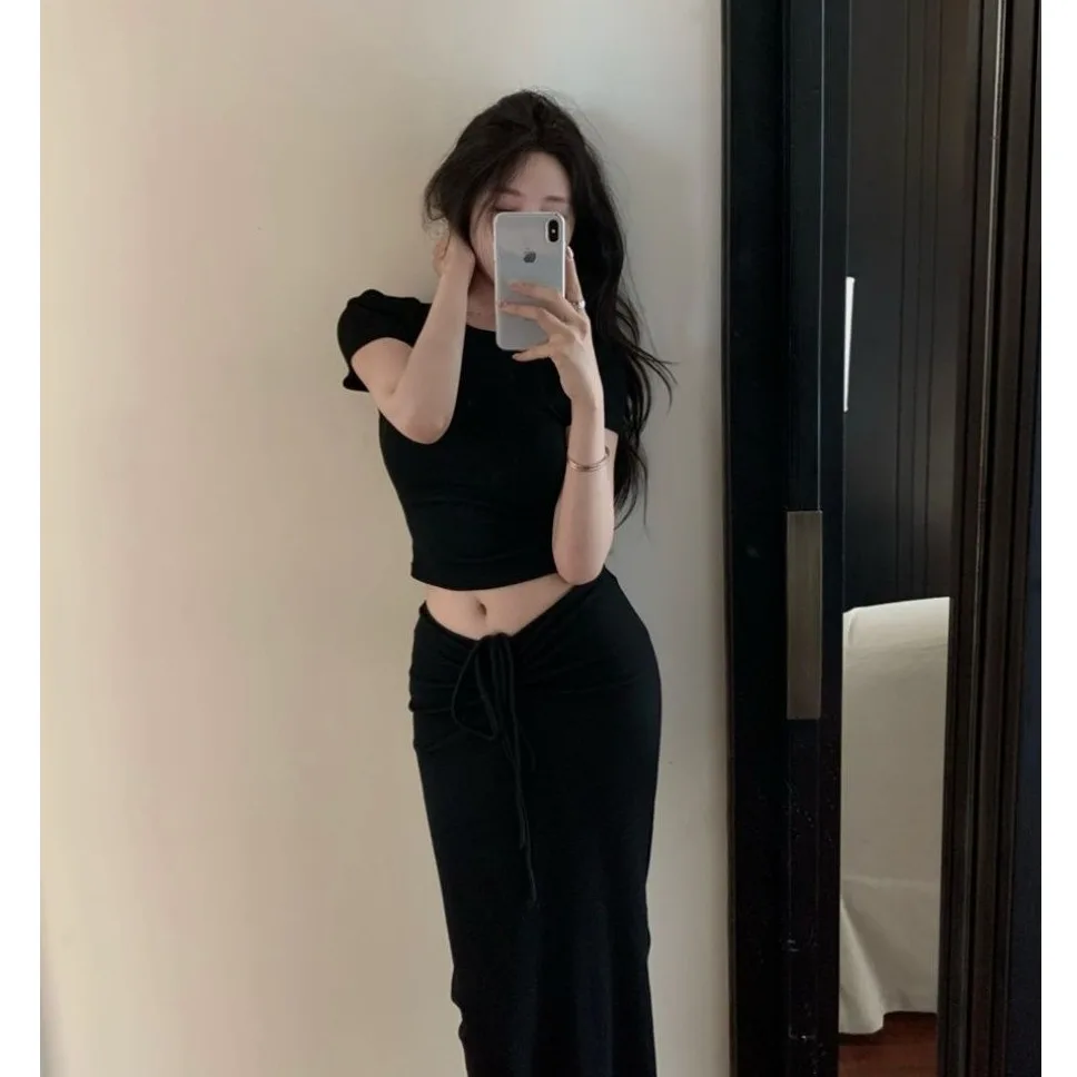 

Женская летняя сексуальная круглая футболка Ne из двух предметов, топ, юбка с высокой талией, облегающий комплект с юбкой на подкладке