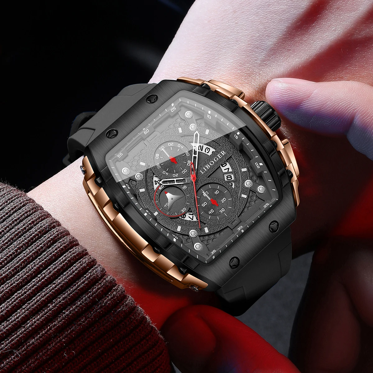 Fashion Tonneau Men Sport Watch Casual Silicone Strap Military Outdoor Analog Wristwatch For Men Calendar Watches（Without Box） - view 4