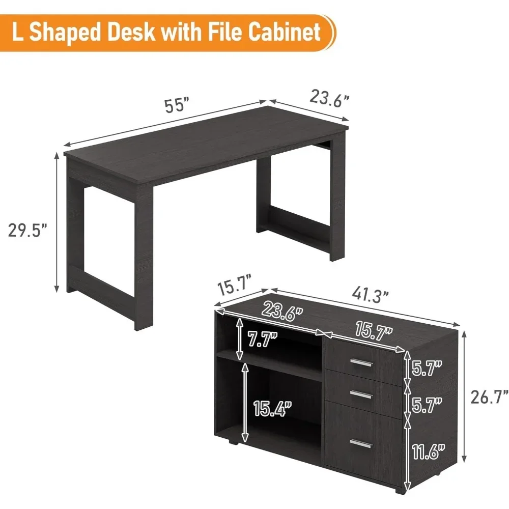 L Shaped Desk with Drawers, Corner Desk with 3 Drawers and 2 Shelve, Executive Office Desk with Storage File Cabinet for Home