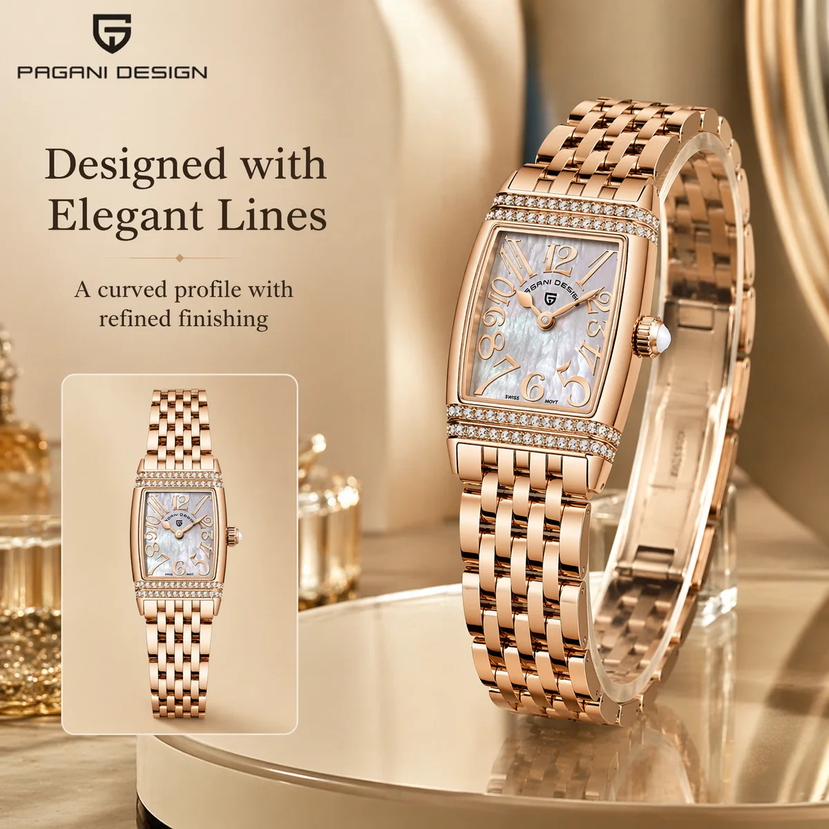 PAGANI DESIGN Women's Rose Gold Quartz Watch Swiss Movement Top Sapphire Stainless Steel Elegant Women's Dress Watch+Gift Box
