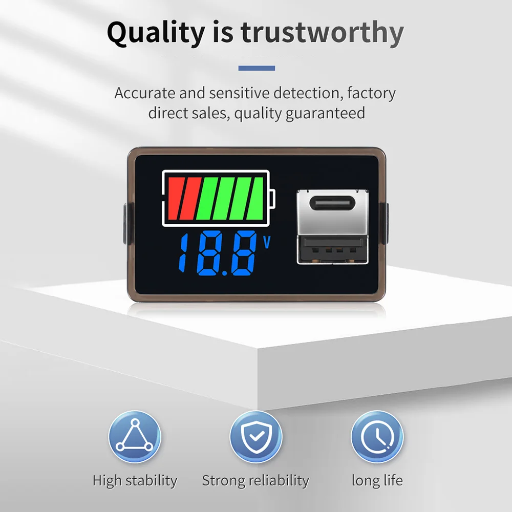 Type-C USB DC8-100V Car Battery Voltmeter Charge Level Indicator Lithium LiFePO4 Lead-Acid Battery Capacity Meter LED Tester