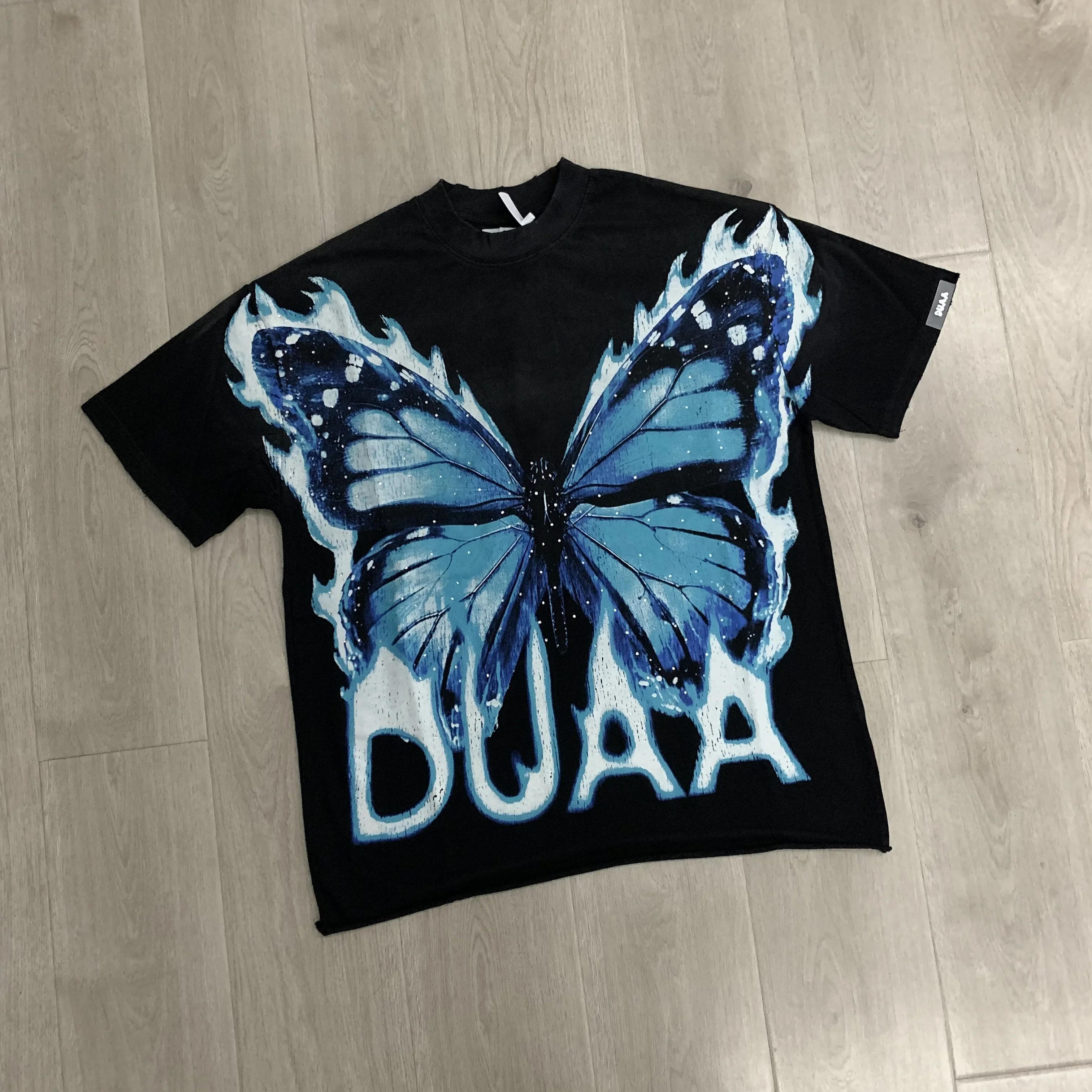 Retro Washed  Print Short Sleeve T-Shirt Heavyweight Pure Cotton Distressed Diamond Studded Casual Streetwear