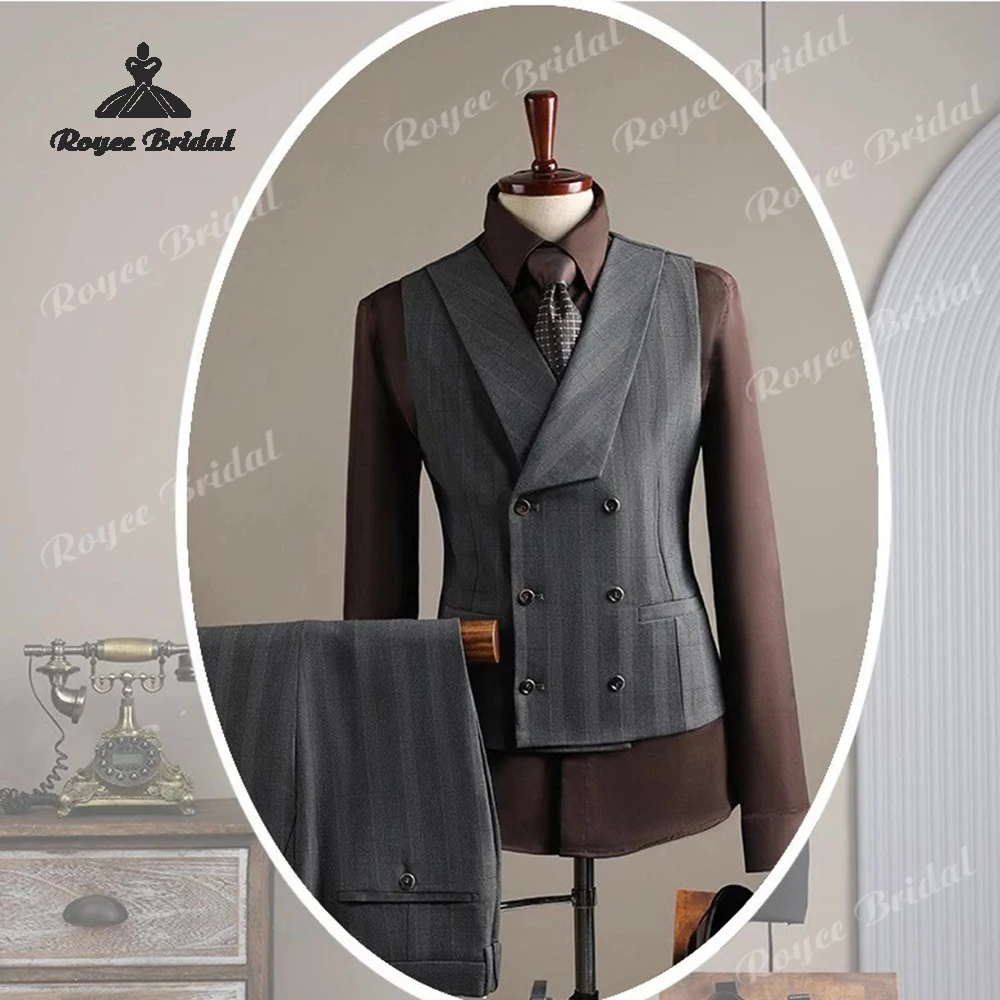 Check Striped Three Piece Double Breasted Men's Wedding Suit 2026 Peak Lapel Evening Suit Customized trajes para hombre