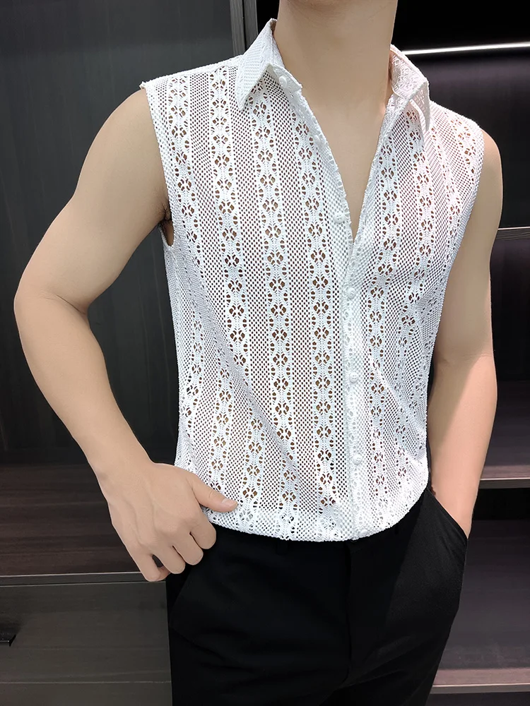 Sexy Hollow Out Sleeveless Shirts Men Trendy Summer Ice Silk Casual Shirt Slim Fit Social Nightclub Stage Performance Costumes