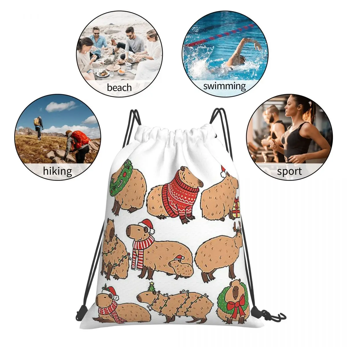 Capybara Christmas Holiday Capybara Lovers Backpacks Fashion Portable Drawstring Bags Sports Bag Book For Man Woman Students