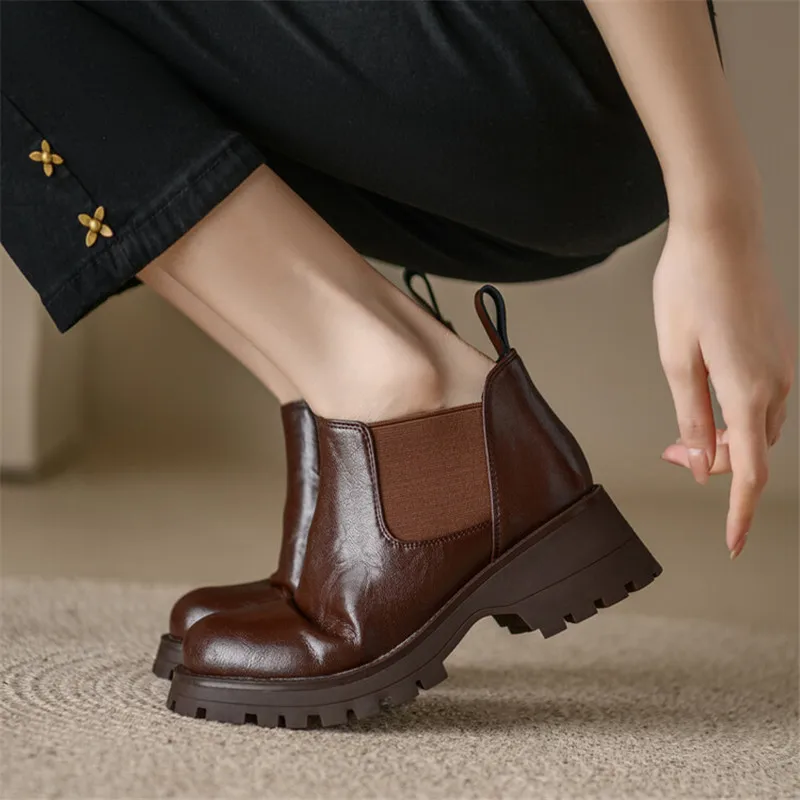 Autumn Split Leather Ankle Boots Women Round Toe Chunky Heel Platform Boots for Women Winter Short Boots Concise Women Boots