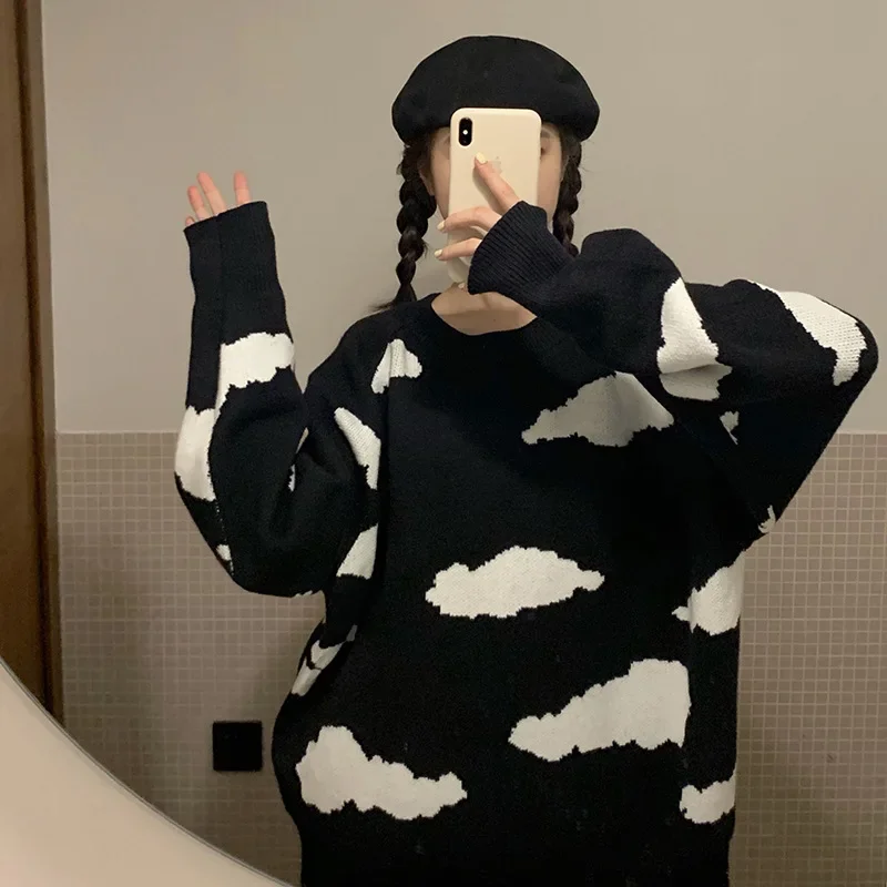 Blue/Black Fall Winter New Pull Jumpers Women Korean Cartoon Cloud Sweater Chic Casual Oversized Knitted Pullover Tops All-match