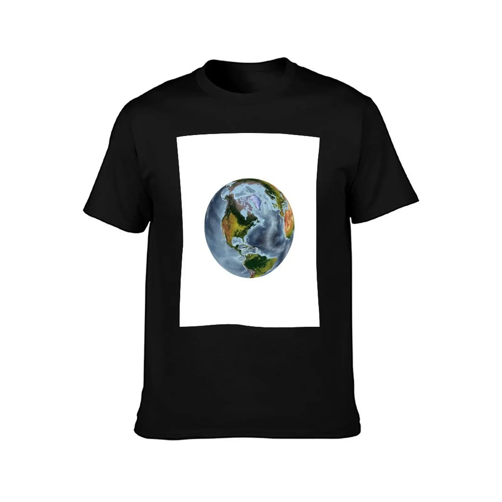 Afbeelding 3: De wereld uit de ruimteprojectie - World Relief Map met land en oceanen T-shirt katoenen t-shirts van hoge kwaliteit T-shirt