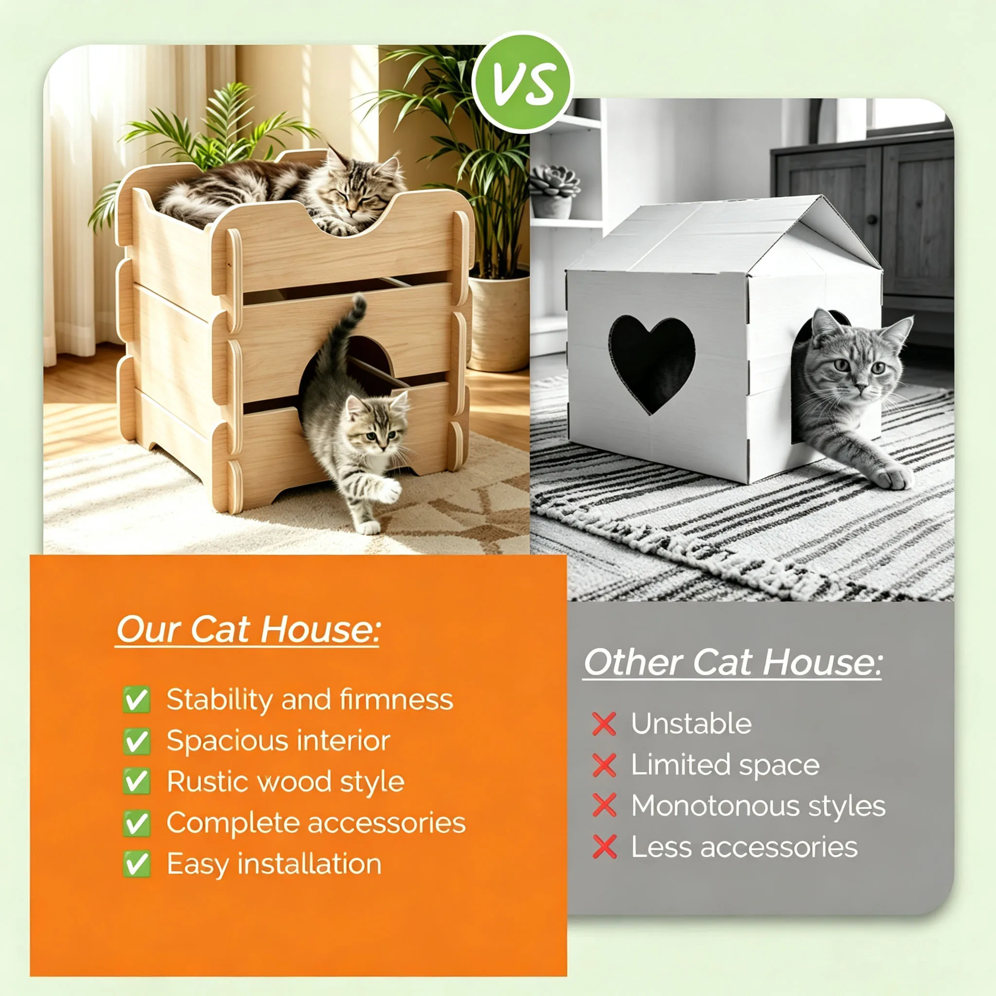 2-Tier Snap Assembly Stackable Wooden Cat House Indoor Pet Shelter Cat Cave Hideout Lounge Bed for Kitty Rest Playing Home Decor
