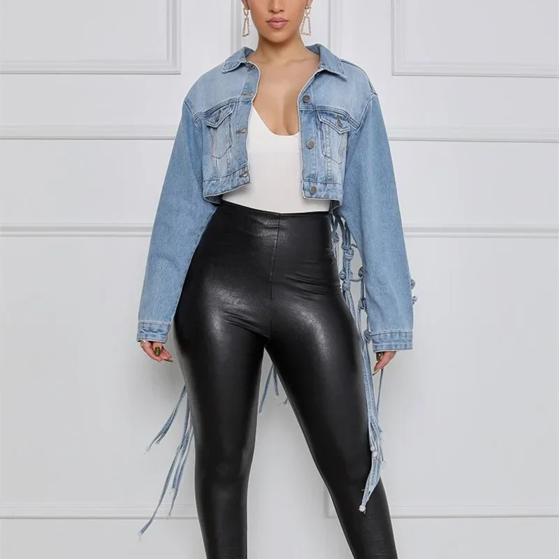 Fashion Back Mesh Tassels Knot Splicing Jackets Women's Lapel Single-breasted Cardigan Denim Coat Female Street Style Outerwear