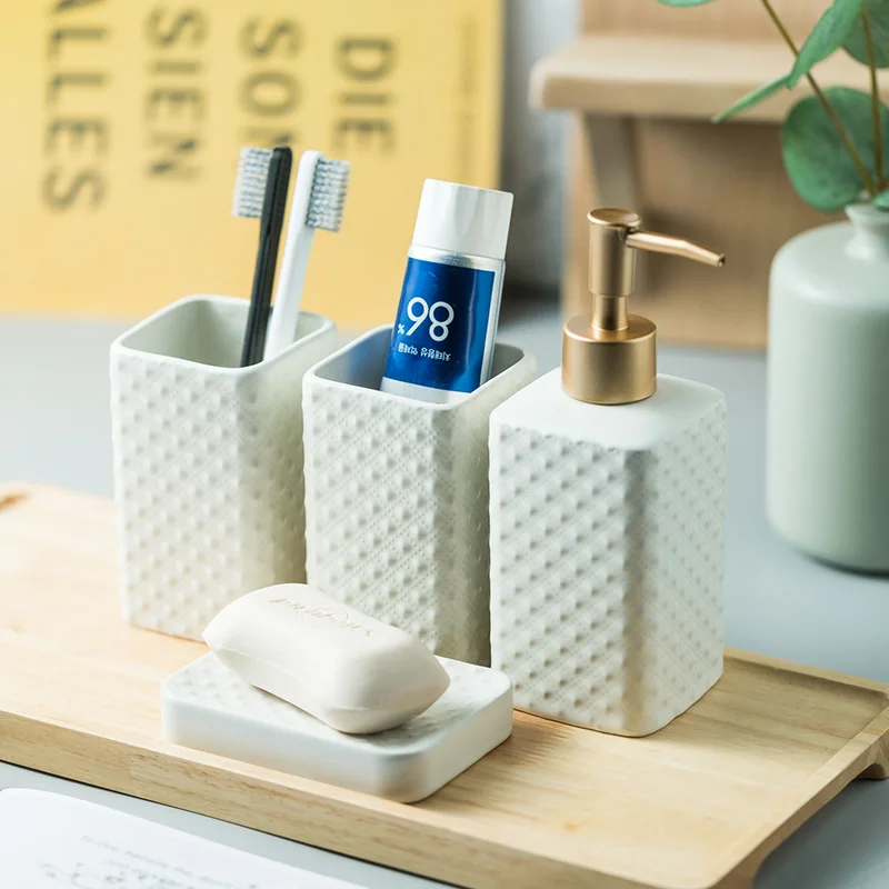 Nordic Bathroom Accessories Set Ceramics Household Liquid Soap Dispenser Container Mouth Cup Holders Washing Tools