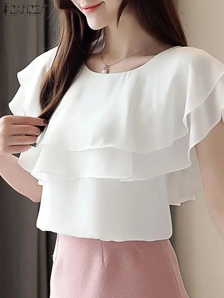 Women Short Sleeve Blouses ZANZEA Fashion Double Ruffled Stitching Shirts Vintage Round Neck Blusas Casual Pleated Solid Tops