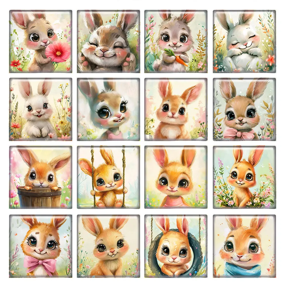 

10pcs/lots Cute Bunny Rabbit Easter Flower Square Photo Glass Cabochon Flatback Demo Flat Back Cameo For Diy Jewelry Making
