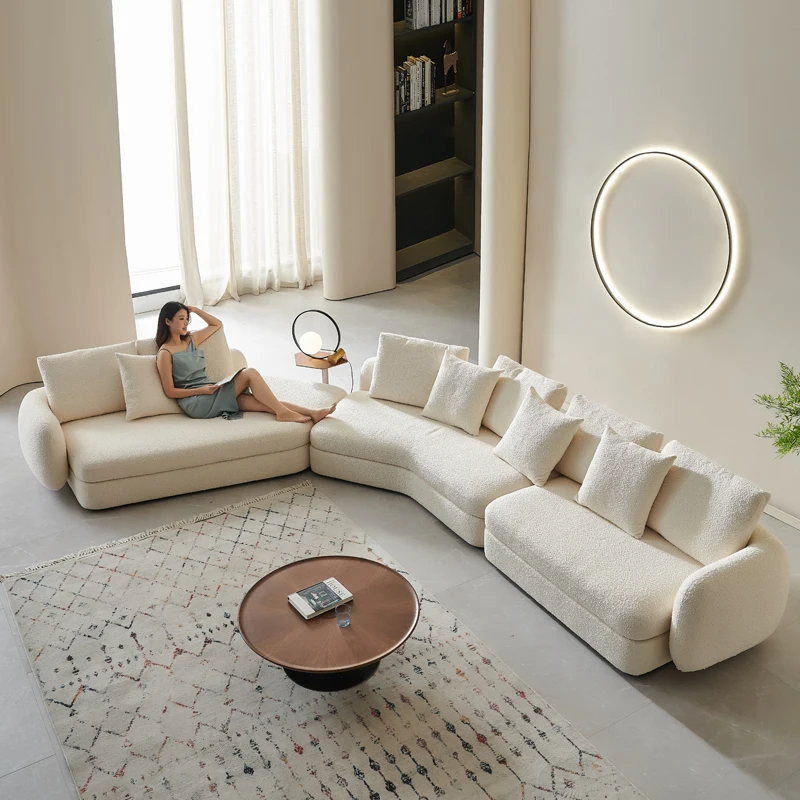 #Saint Germain High-End Modern Design Cream Lamb Wool Fabric Sofa Large Flat Irregular Corner For Luxury Living Room High-End