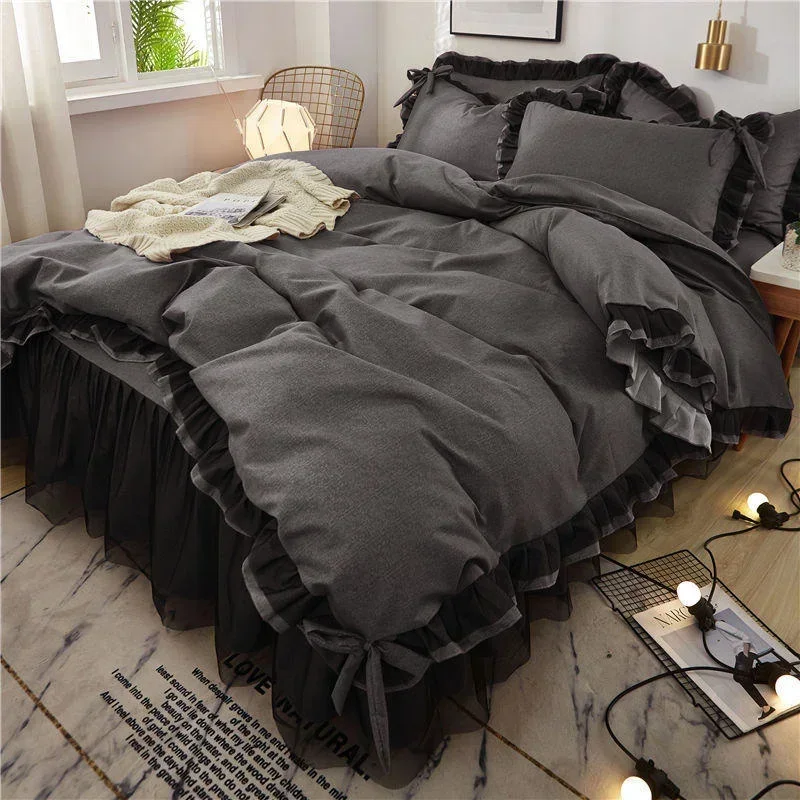 Luxury Black Princess bedding sets kawaii bed skirt sheet pillowcase fashion girl duvet cover 4 pieces home decoration