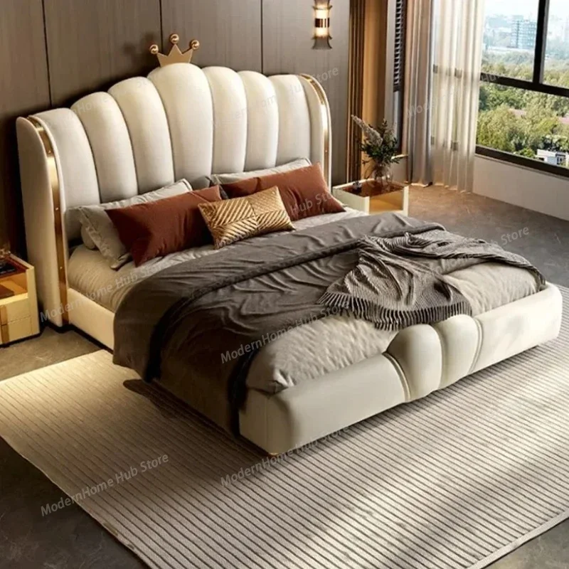 Modular Designer Aesthetic Bed Frame King Size Queen Double Bed Frame White Faux Leather Camas Matrimonial Bedroom Furniture