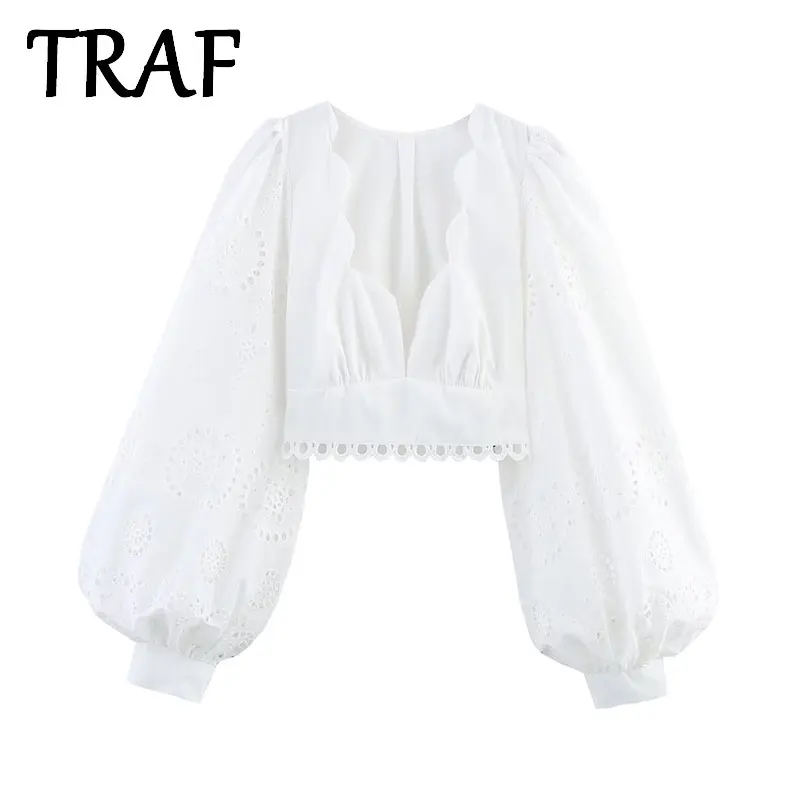 

TRAF Women's Shirt 2025 New Fashion lace embroidery V-neck Short Shirts Top Fashion Casual Streetwear lantern sleeve Blouse Tops