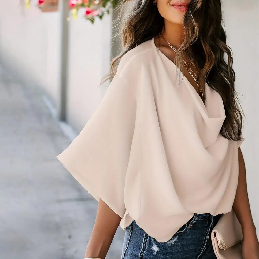 

Comfortable T-shirt V-neck Pleated Neckline Shirt Flared Sleeve V-neck T-shirt Loose Fit Pleated Neckline Breathable for Summer