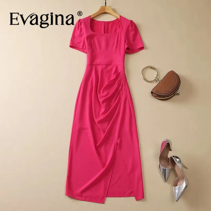 Evagina Fashion Designer Women's New Square Collar Short-Sleeved High-Waisted Pleated Slim-Fit Split Elegant Hip Wrap MIDI Dress