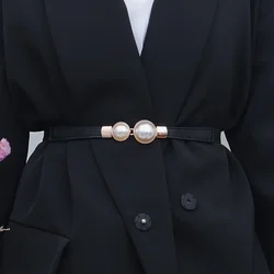 Elegant Vintage Pearl Waist Chain Belts Women's Korean Style Sweater Jacket Hooks Elastic Slim Fit Leather Belt