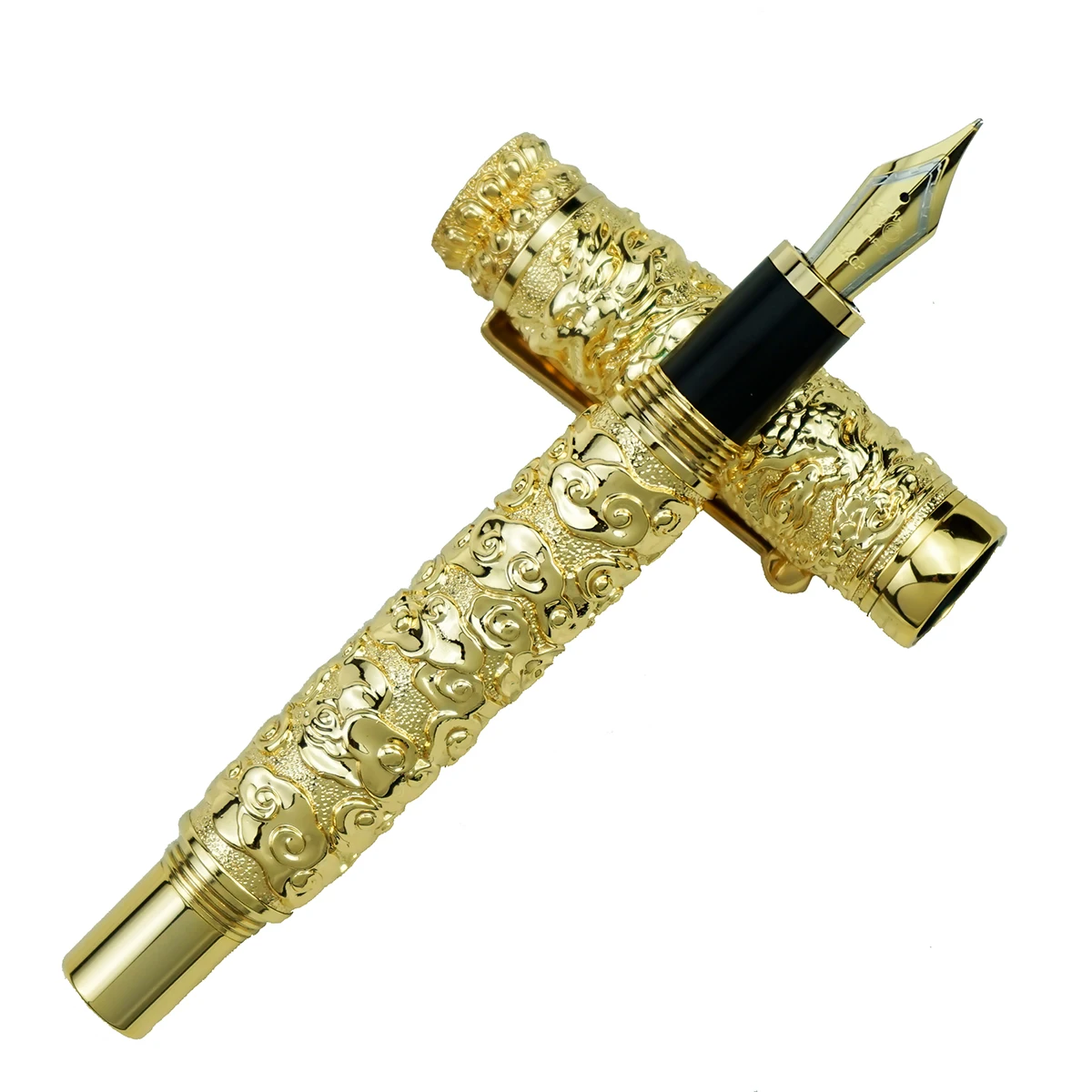 Imagem -02 - Jinhao Luxuoso do Vintage Caneta Fonte de Metal Dragão Nuvem Pesada Grande Caneta ef f m Dobrado Ouro Cor Escultura em Relevo Coleção