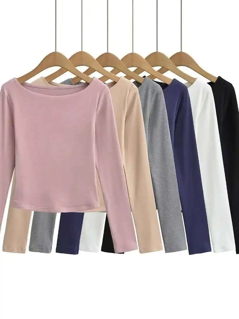 2024 Autunno/inverno Nuovo Sexy Slash Neck Off Spalla Manica Lunga Pullover Donna Semplice Colore Solido Casual Versatile Top 3621