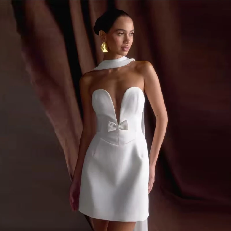 

Homecoming Elegant Customized Prom Dresses 2025 Deep V-Neck Mini Bow Party Dresses Detachable Shawl Evening Dresses