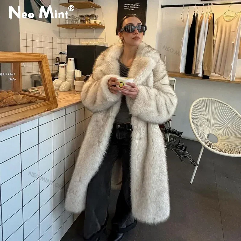 Neo Mint Slouchy Chic Gradient Long Eco Faux Fur Coat Women Winter Thick Warm Fluffy Fox Fur Jacket Brand Fashion Girls Overcoat