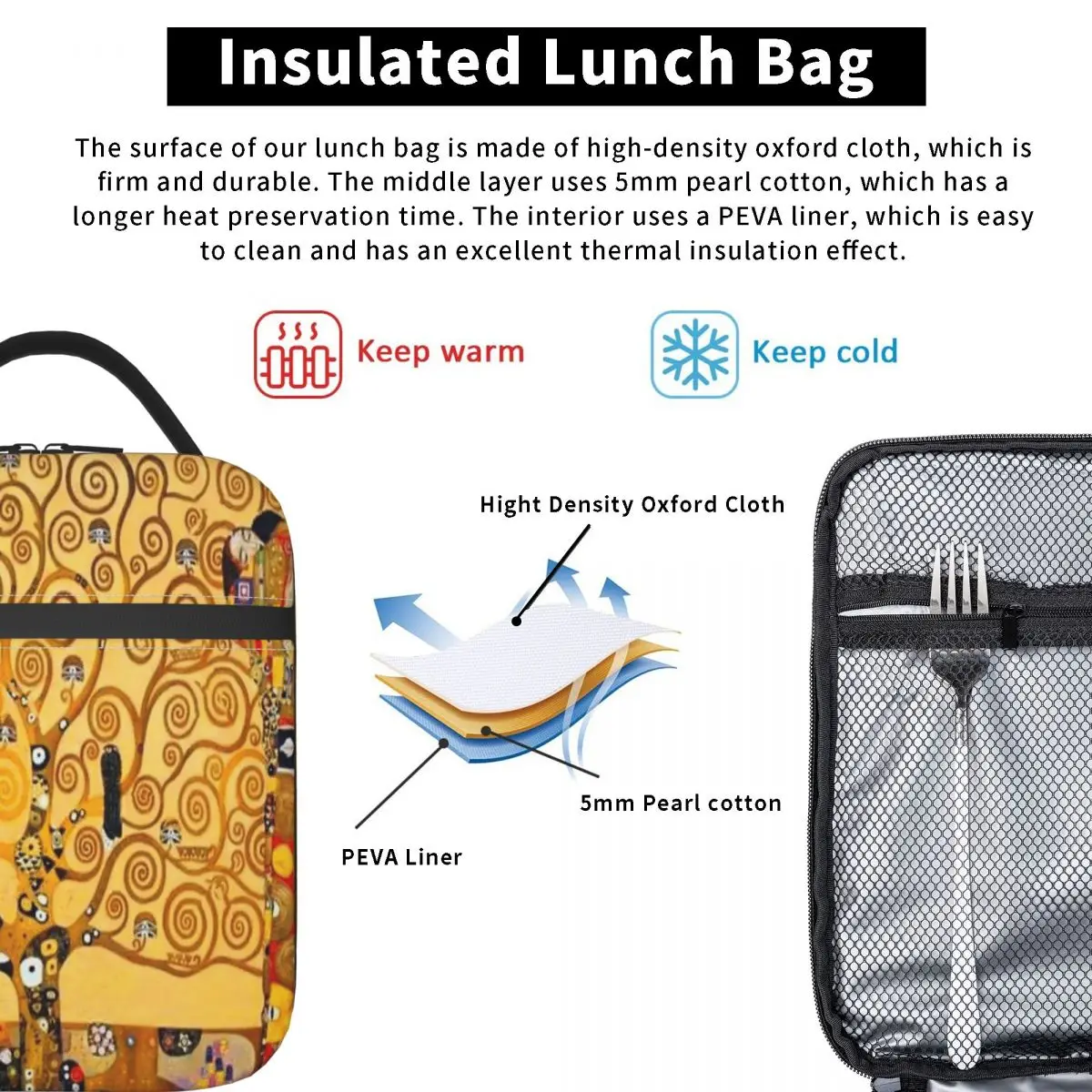 Gustav Klimt - Tree Of Life Insulated Lunch Bag for Women Kids Leakproof Food Boxes Thermal Lunch Box Tote