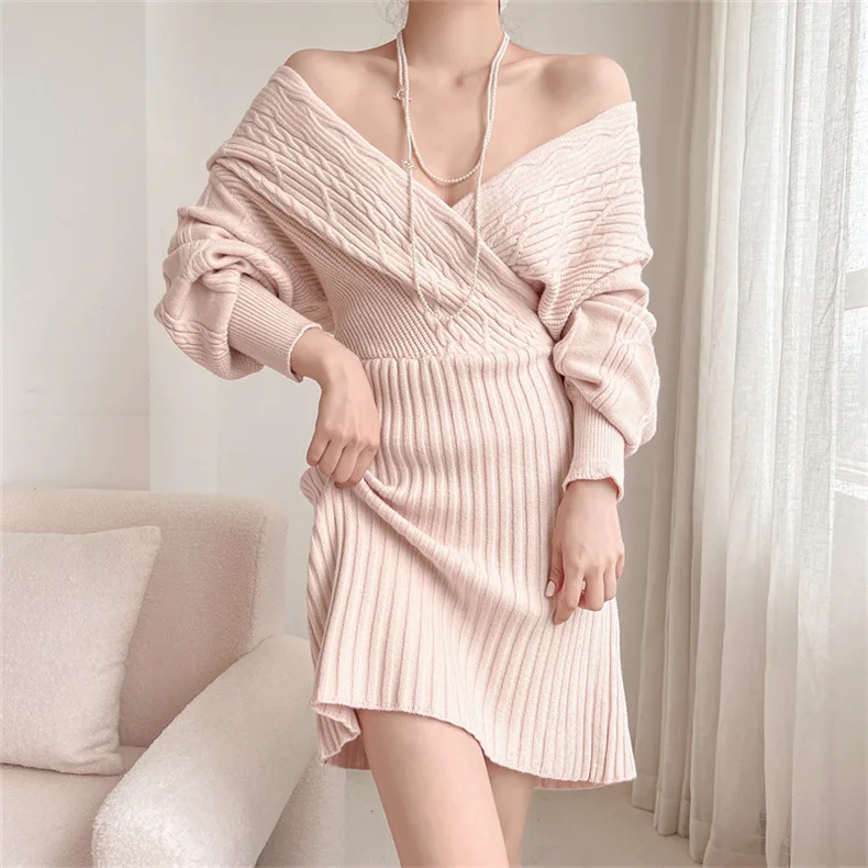 

X2085 New Autumn Winter Pullovers Sweater Dess Women Crossed Off Shoulder V Neck Long Sleeve Slim Waist Knitted Sweater Dresses
