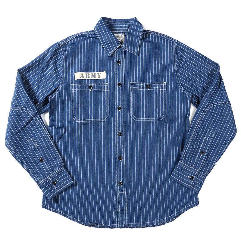 Vertical Stripe Denim Work Shirt for Men Long Sleeve Heavy Weight Vintage American Casual ARMY Military Male Workwear Tops