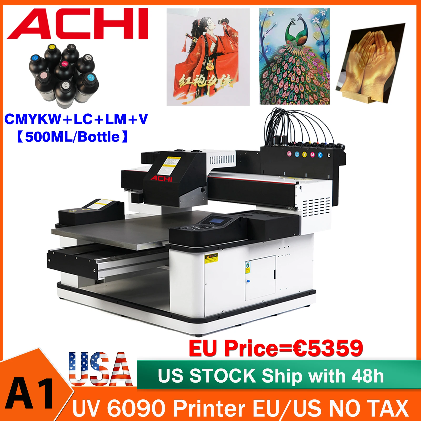 ACHI A1 6090 UV Printer Varnish UV Printer LED Flatbed Printer Automatic for Bott Wood T-shirt Metal Printing XP600/TX800 Head