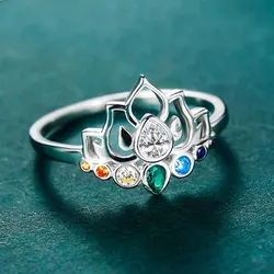 YILUOCD Lotus Flower Boho Colorful Yoga Rings 7 Chakras Rings for Women Healing Rainbow Crystals Amulet Jewelry Gifts
