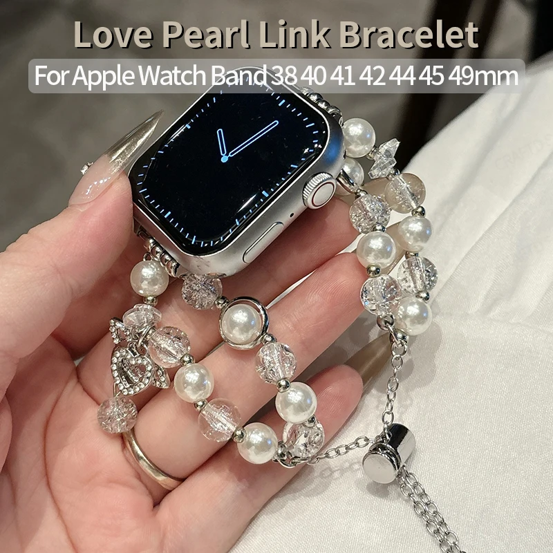 

Love Pearl Link Bracelet for Apple Watch Band 40mm 45mm 44 41 42 38 49 Woman Agate Strap for IWatch Series 9 8 7 6 SE 5 4 Correa