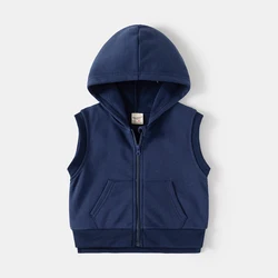 Baby Boys 2024 Spring New Hooded Waistcoat Baby Solid Colour Hooded Waistcoat Sleeveless Jacket