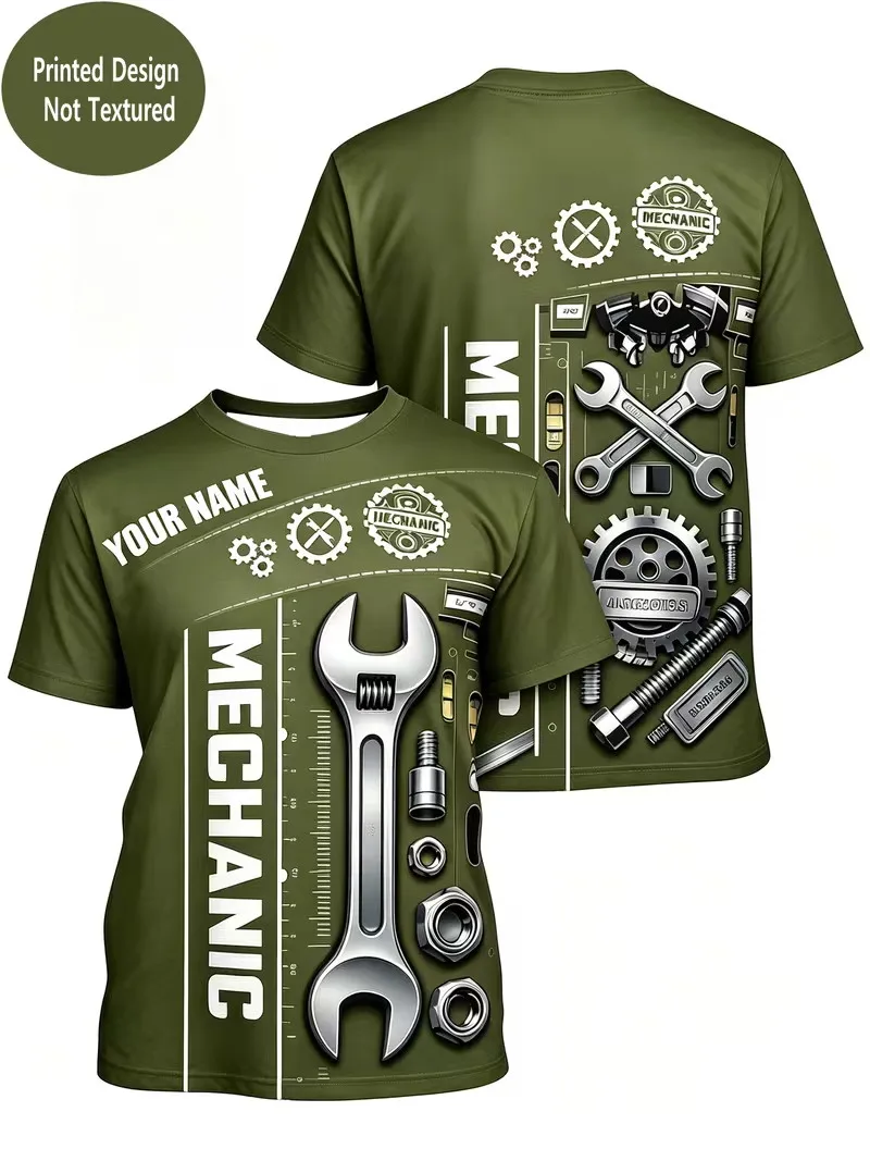 Custom Name Mechanic T Shirt Men Full Print Piston Gear Graphic Tee Personalized Auto Repair Worker Short Sleeve T-shirt