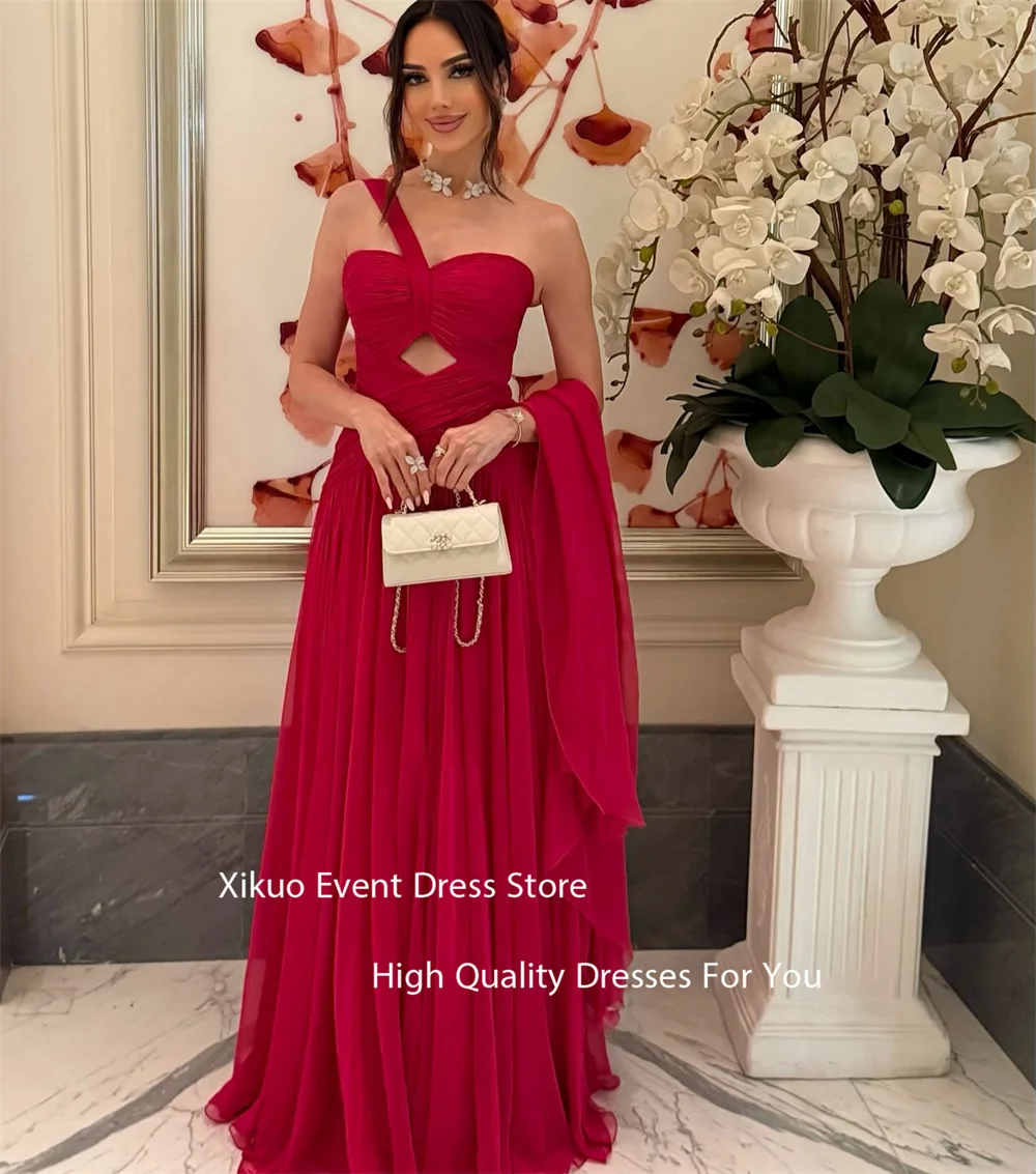 Xikuo fúcsia chiffon cortar vestidos de noite assimétrico ombro plissado vestidos de festa elegantes vestidos de fiesta personalizados