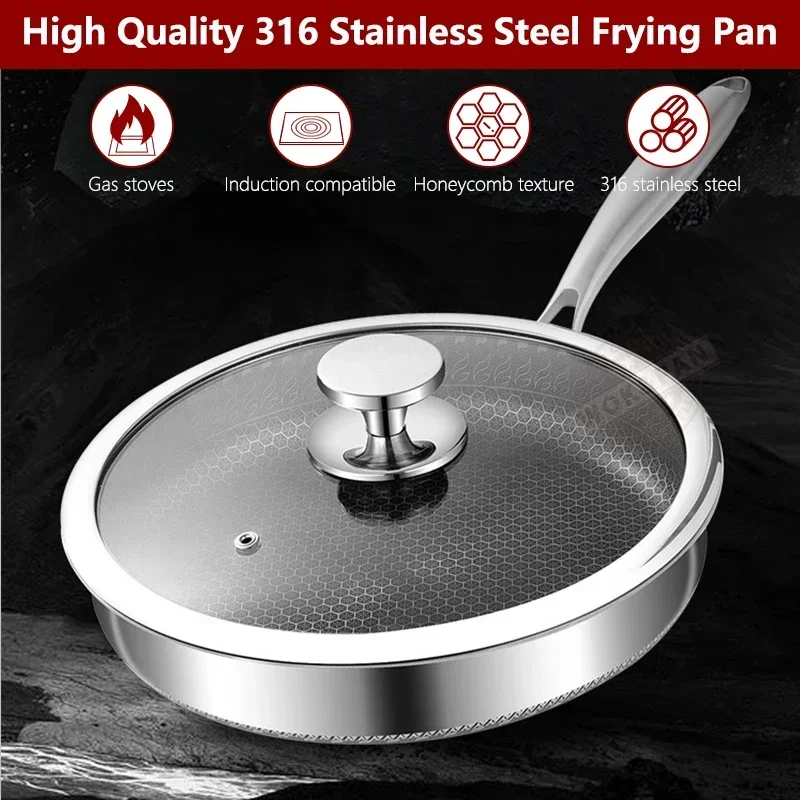 

Frying Pan with Glass Lid 26/28cm Stainless Steel Honeycomb Skillet Uncoated Kitchen Cookware Induction Cooker Gas Stove Fry Pan