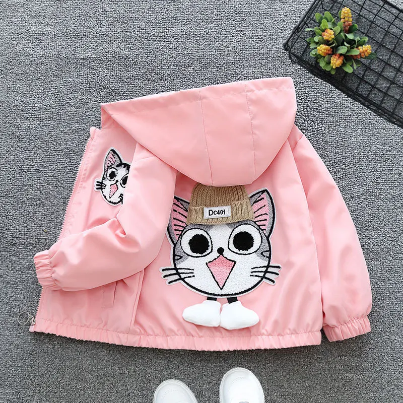 Jaket bertudung ritsleting kardigan kucing kartun, jaket fashion anak perempuan Musim Semi dan Gugur 2024