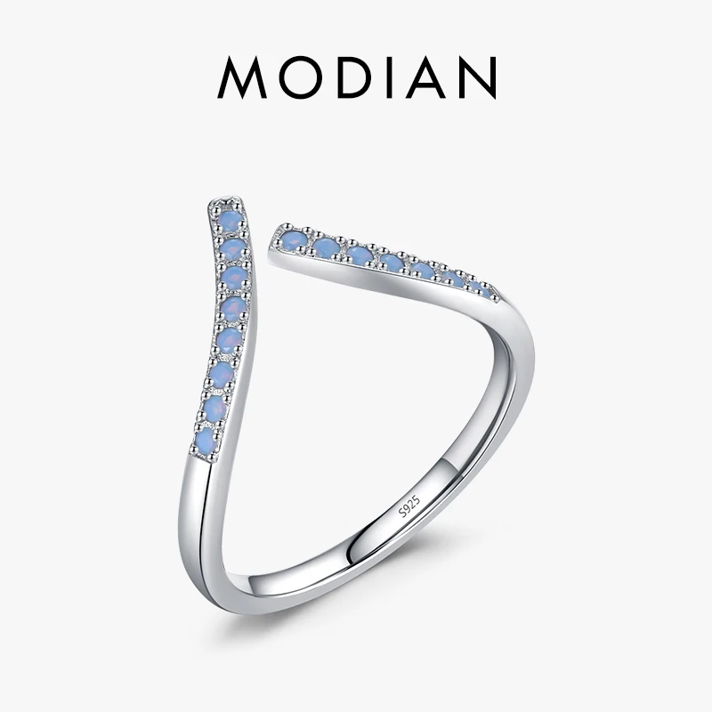 Modian 925er Sterlingsilber, schlichter geometrischer blauer Opal, verstellbarer Ring für Frauen, Pave-Fassung, exquisite Hochzeit, edler Schmuck, Geschenk