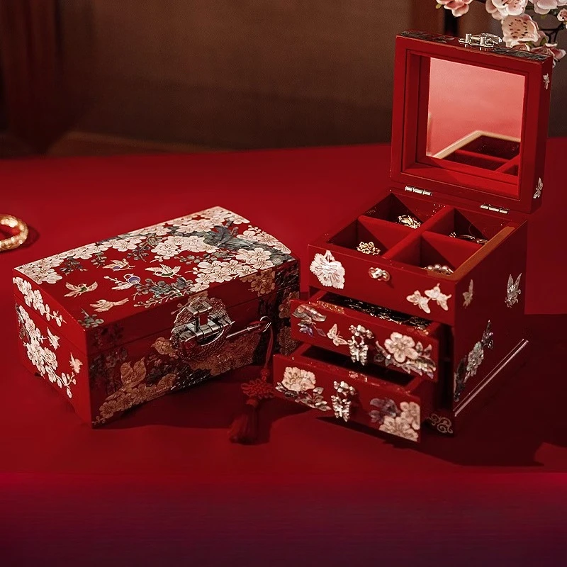

Chinese Style Shell Inlay Jewelry Box, Vintage Lacquered Shell Container, Wooden Dowry Gift Box, Wedding Gift for Bride