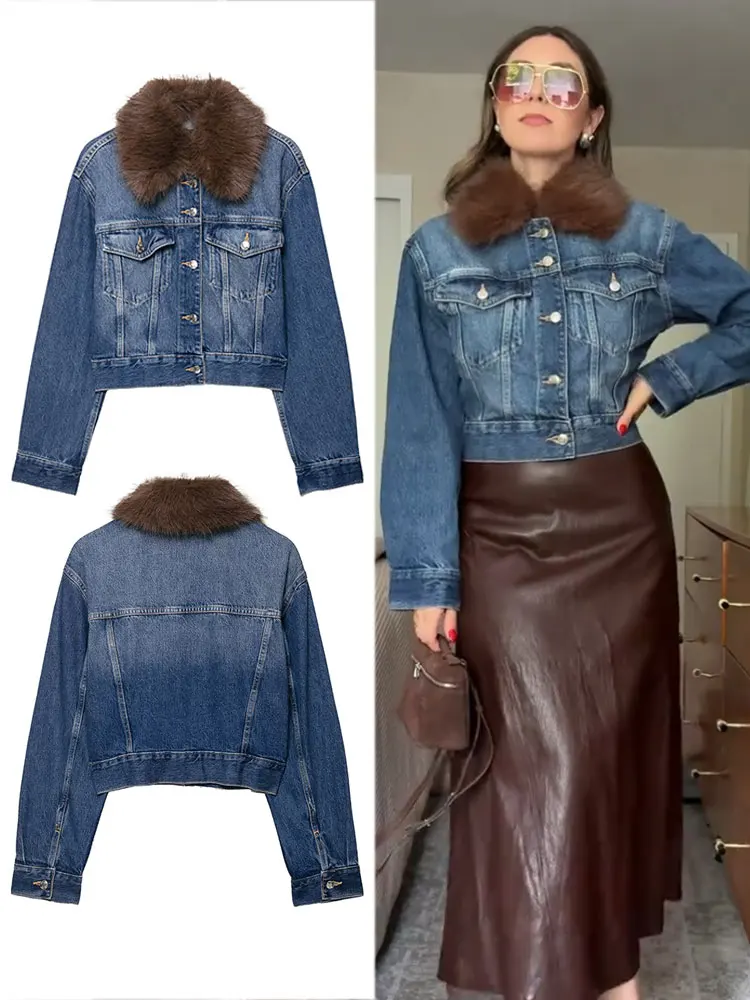

HH Women Fashion Faux Fur Collar Denim Jacket Coat Single Breasted Long Sleeve Jackets With Pockets High Street Lady Outerwear