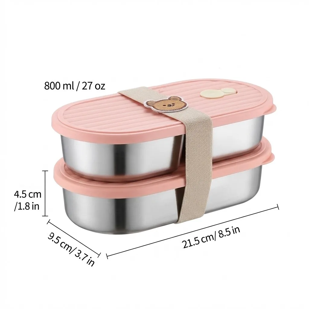 800ml 2-delige draagbare bento lunchbox voor kinderen en studenten, duurzaam, magnetronbestendig, 304 roestvrij staal, verdeeld fruit- en voedselcontainer