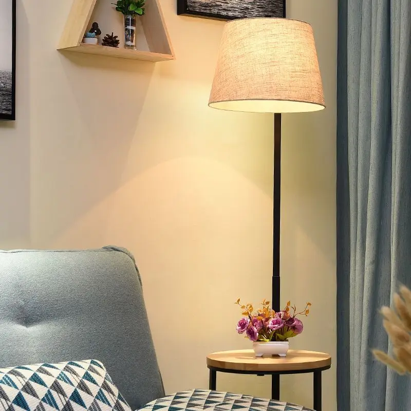 Modern Nordic Minimalist Solid Wood Standing Lamp with Storage Shelf Multi Function for Living Room