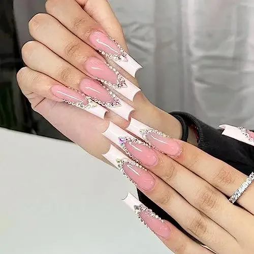 24Pcs Long Press on Nails Coffin French Tip Fake Nails Rhinestone Bling Coffin Full Cover Acrylic Glossy Glue on Nails for Women