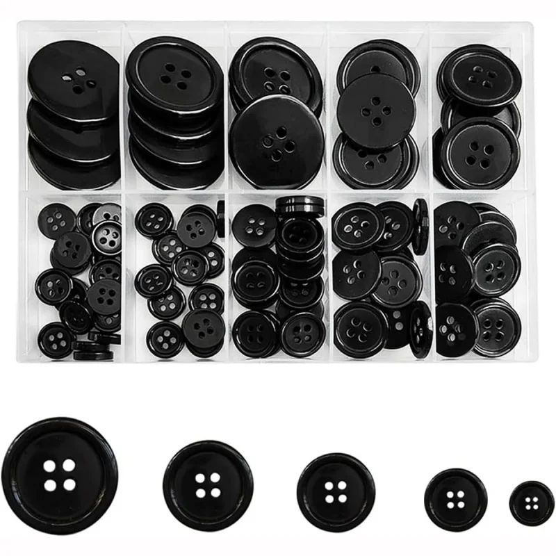 

100Pcs Black Resin Sewing Button With Box,4-Hole，5 Sizes,Suitable for DIY Sewing,Clothes，Toys，Gift，Handmade Craft Supplies