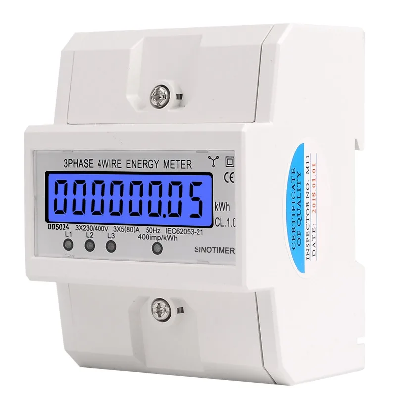 

DDS024 Din Rail 3 Phase 4 Wire Electronic Watt Power Energy Meter Wattmeter kWh 5-80A 380V AC 50Hz LCD Backlight Display