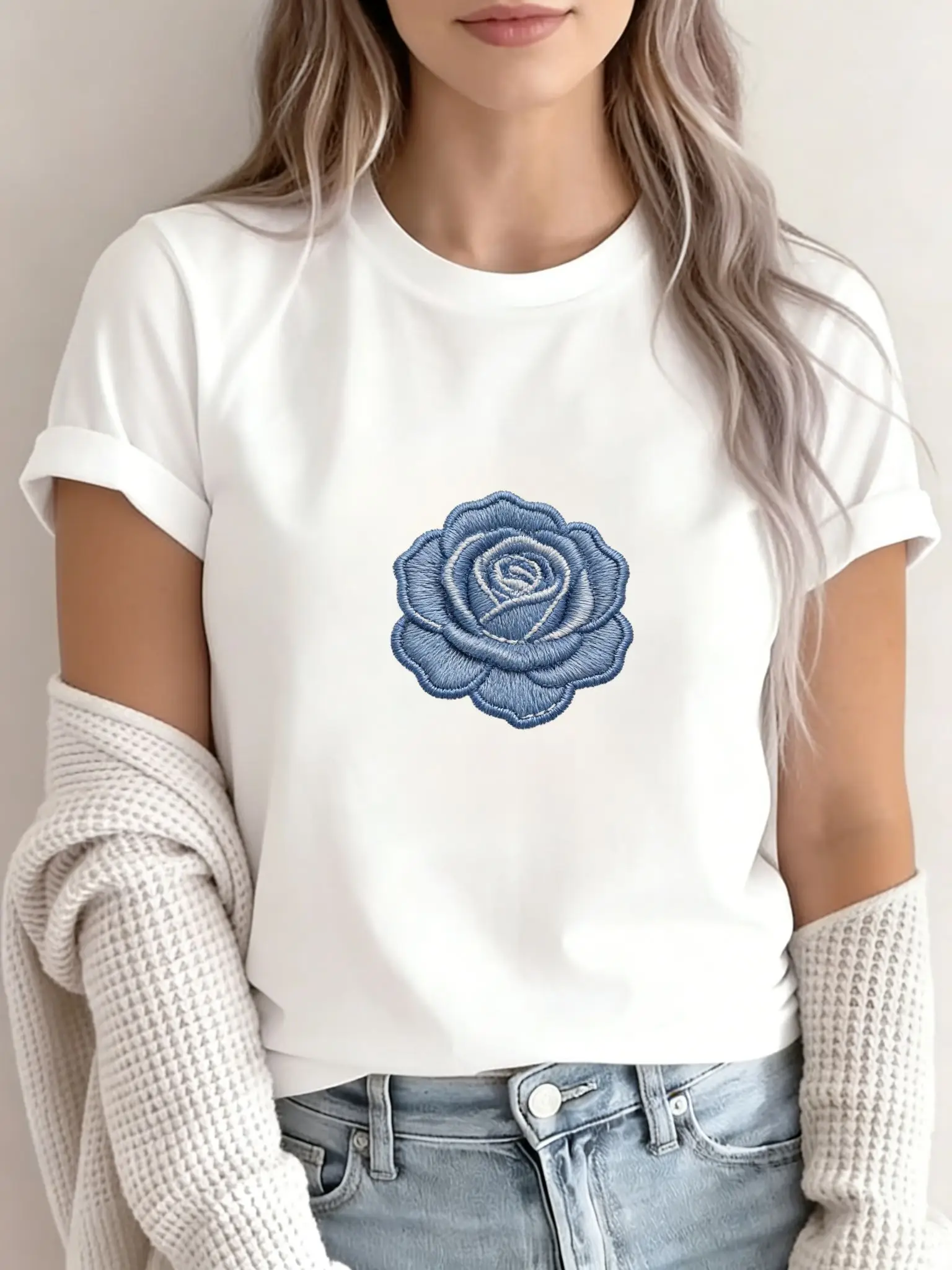 Embroidered Rose Crew-Neck for Women Casual White with Rolled Sleeves Light Blue Harajuku Short Sleeve Casual Aesthetic Clothes