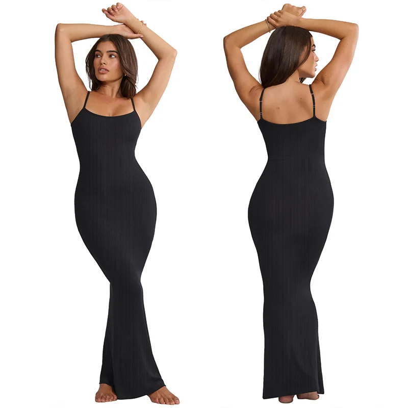 

Automn Winter Simple Solid Color Sleeveless U-Neck Wrapped Hip Pit Strip Dress Sexy Knitted Fashion Office Slim Fit Long Dress